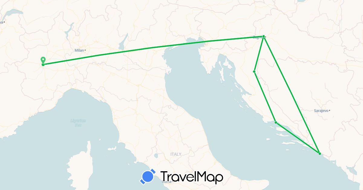 TravelMap itinerary: driving, bus in Croatia, Italy (Europe)