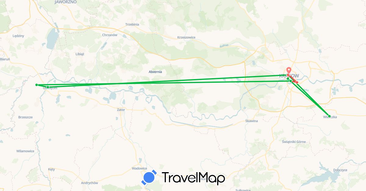 TravelMap itinerary: driving, bus, hiking in Poland (Europe)
