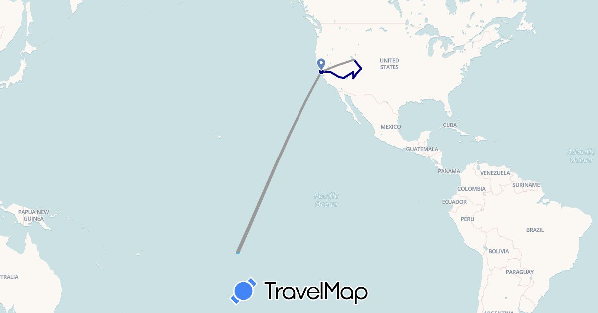 TravelMap itinerary: driving, plane, cycling, hiking, boat in France, French Polynesia, United States (Europe, North America, Oceania)